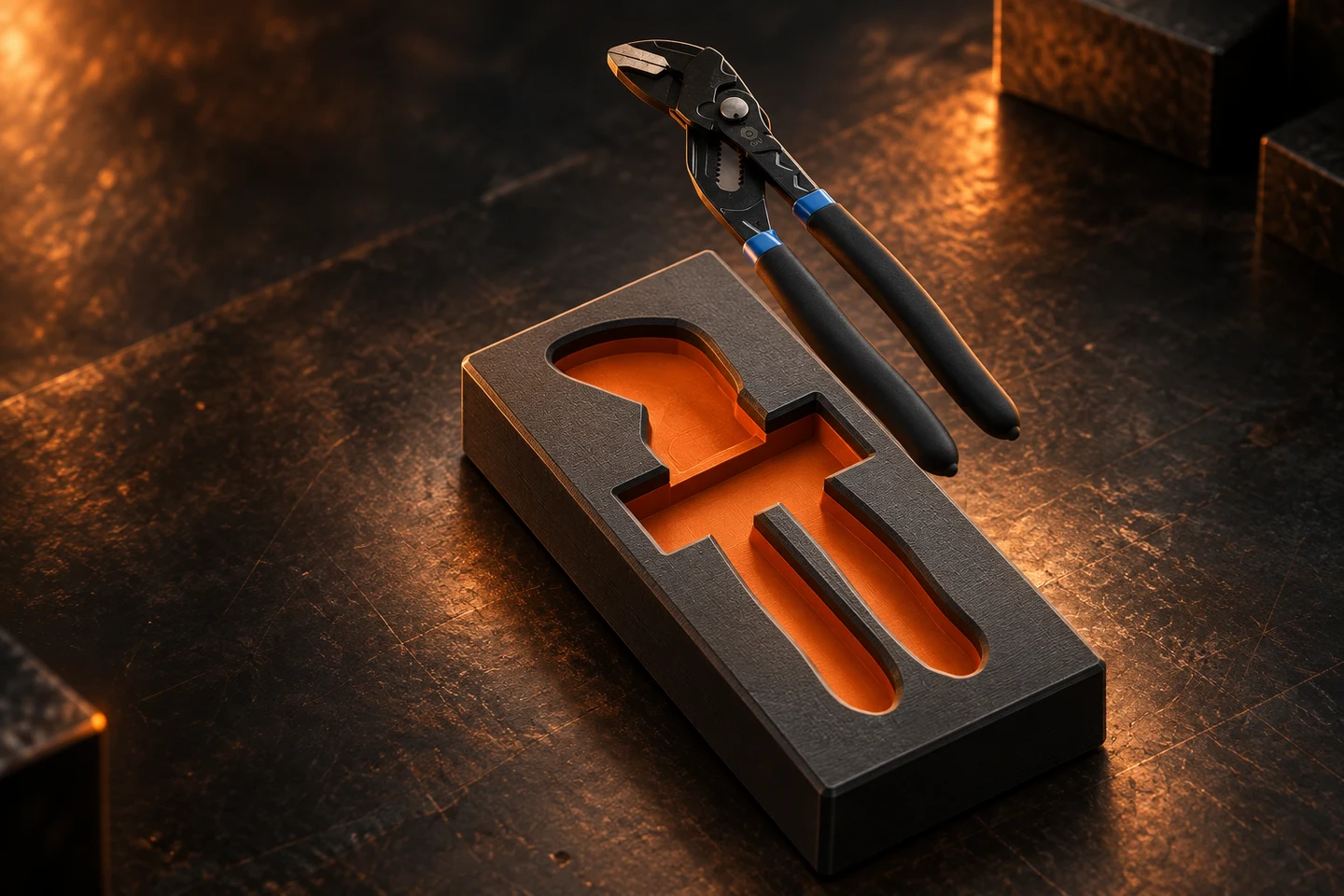 Illustration inspired by the original black-and-blue pliers and the insert with a crosswise finger-access channel